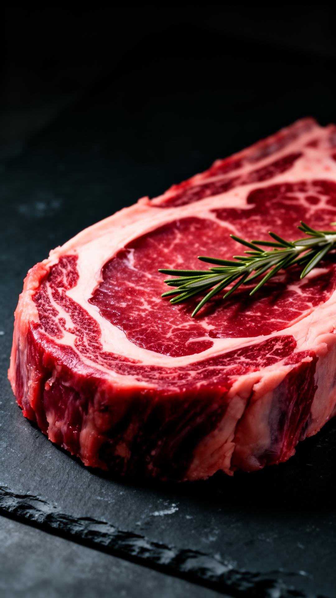 Marbled ribeye on dark slate